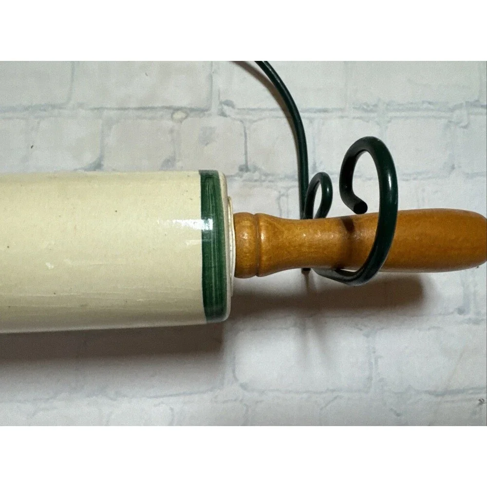 Vintage Ceramic Apple Dough Rolling Pin With Green Metal Wall Rack